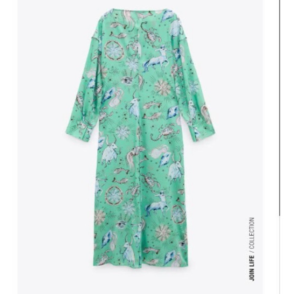 Zara Limited Edition Satin Mint Green Zodiac Print Midi Dress Size XS - Picture 5 of 9